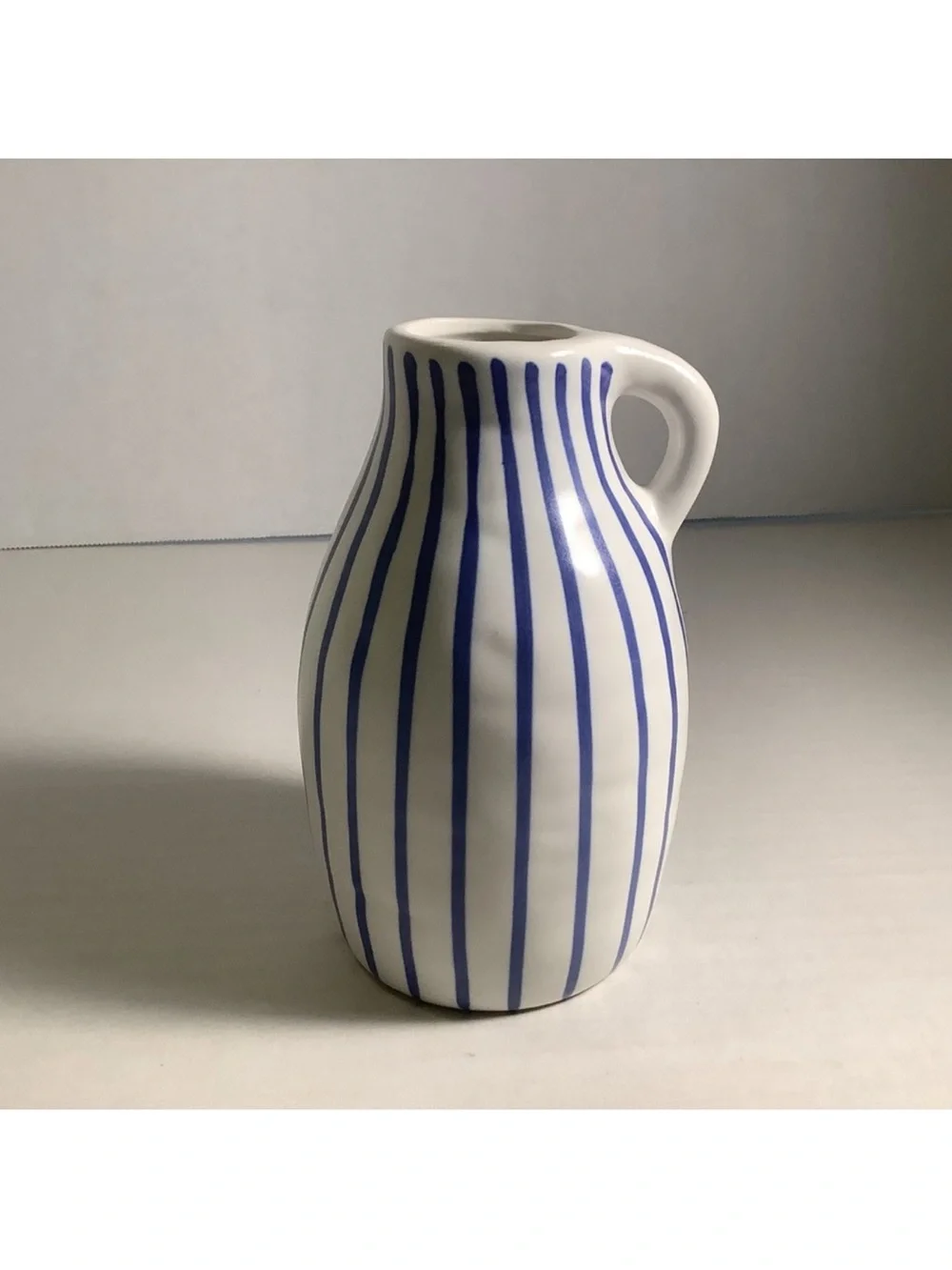 IKEA White Ceramic Vase with Blue Hand-Painted Stripes